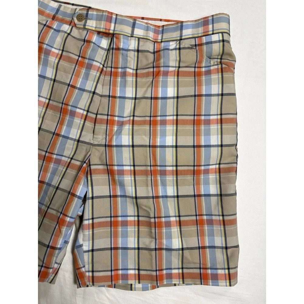 Vtg 70s Higgins Slacks Mens Plaid Shorts Orange Blue Cream USA Made Retro Golf
